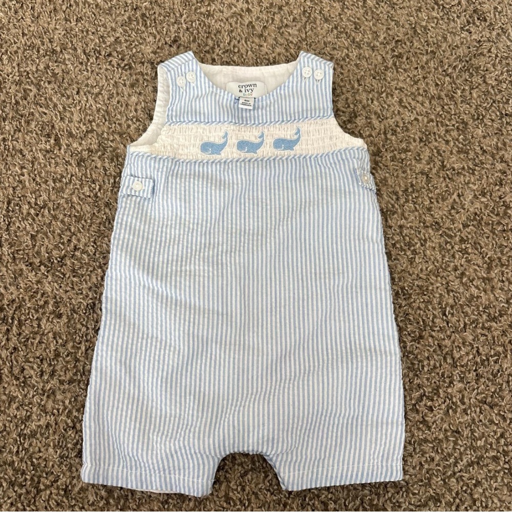 Crown & Ivy Baby Blue Striped Romper with Whale Accent